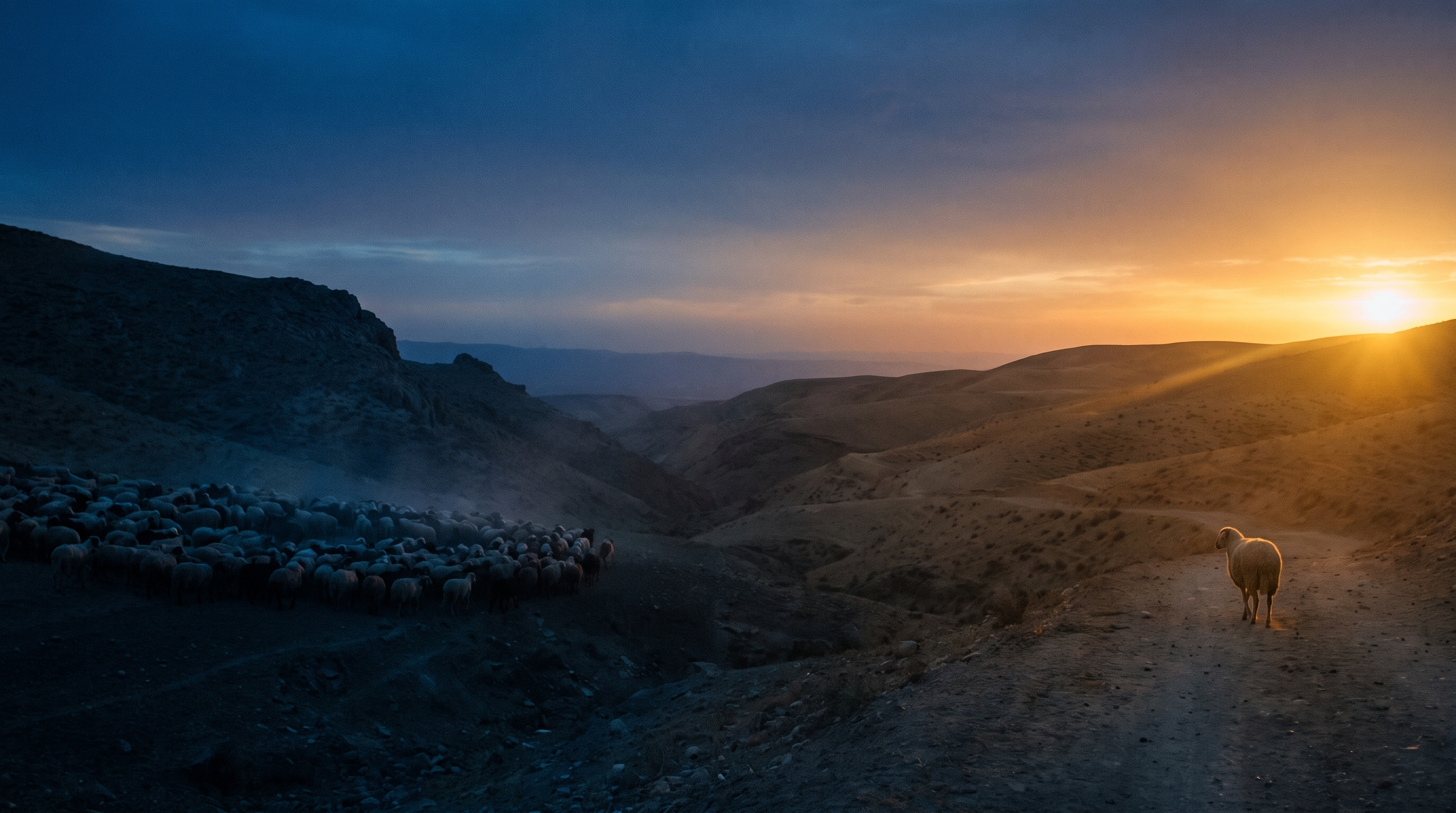 A distant flock on one side, a single sheep walking toward the light on the other